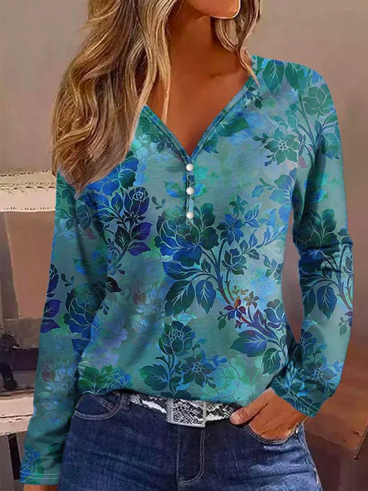 Printed V-Neck Long Sleeve Blouse