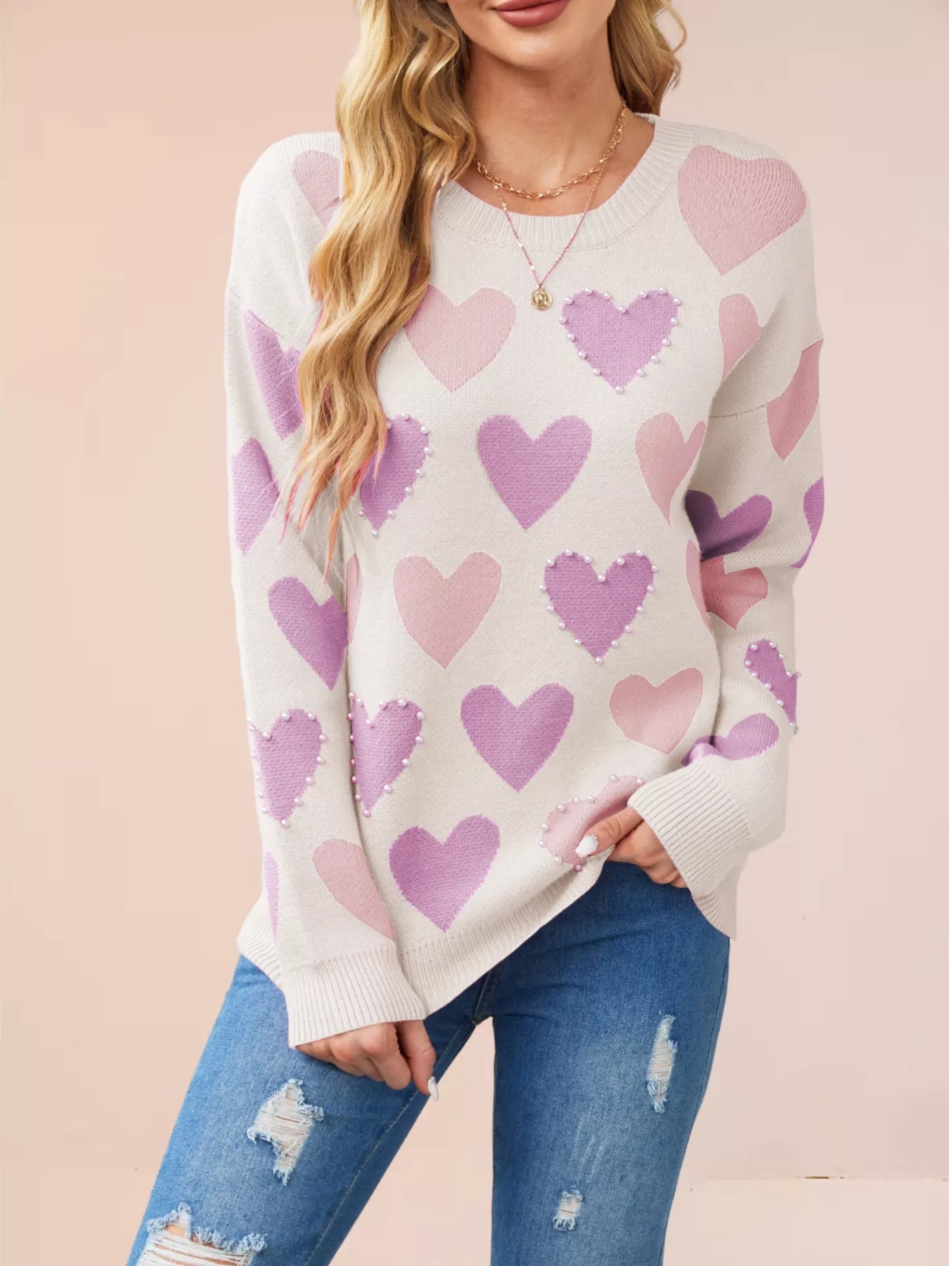 HEART PATTERN BEADED ROUND NECK SWEATER Sweaters