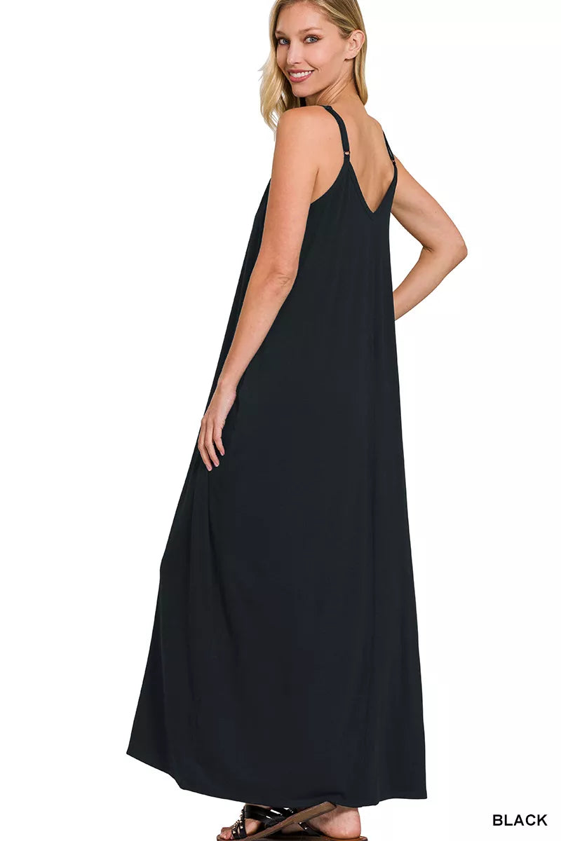 ZENANA V-NECK CAMI MAXI DRESS WITH SIDE POCKETS Dresses