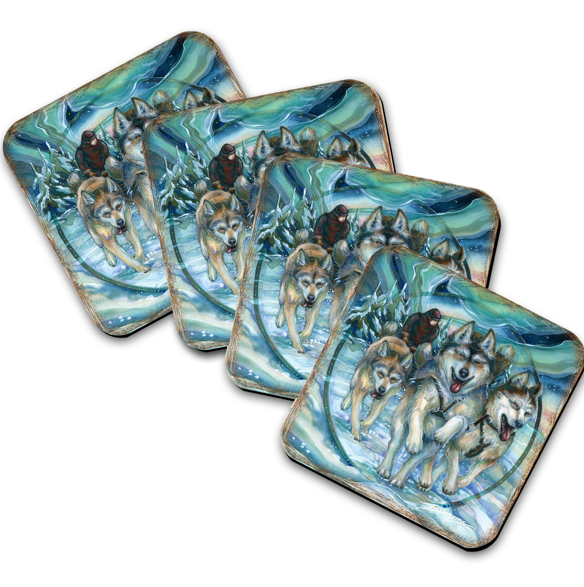 Northern Night Wooden Cork Coasters Gift Set of 4 by J. Bergsma - Wildlife Decor - 8199468C-S4 Coasters