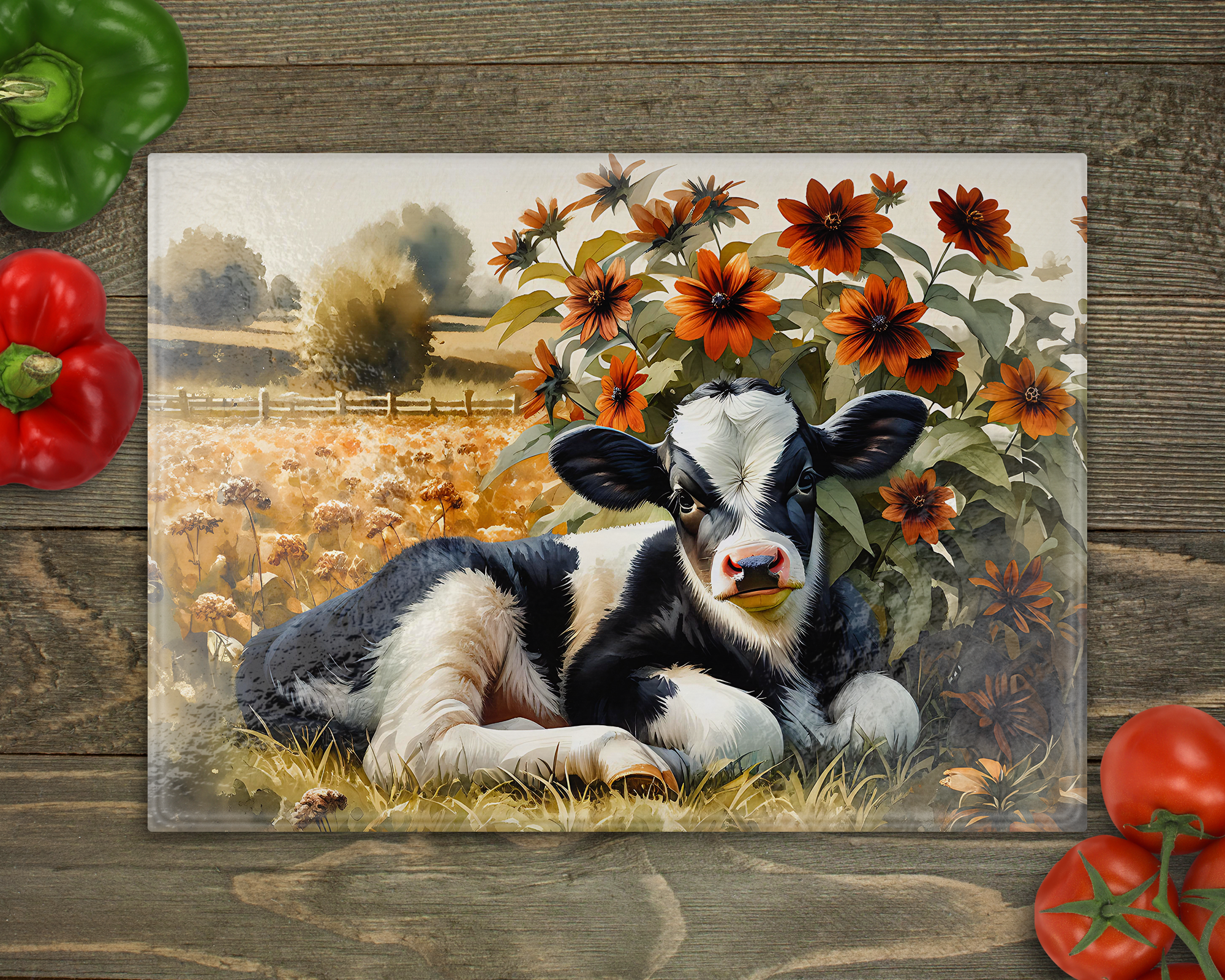 Baby Dairy Cow Fall Glass Cutting Board cutting board