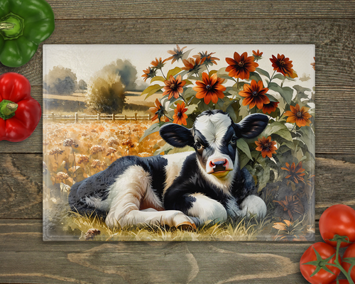 Baby Dairy Cow Fall Glass Cutting Board cutting board
