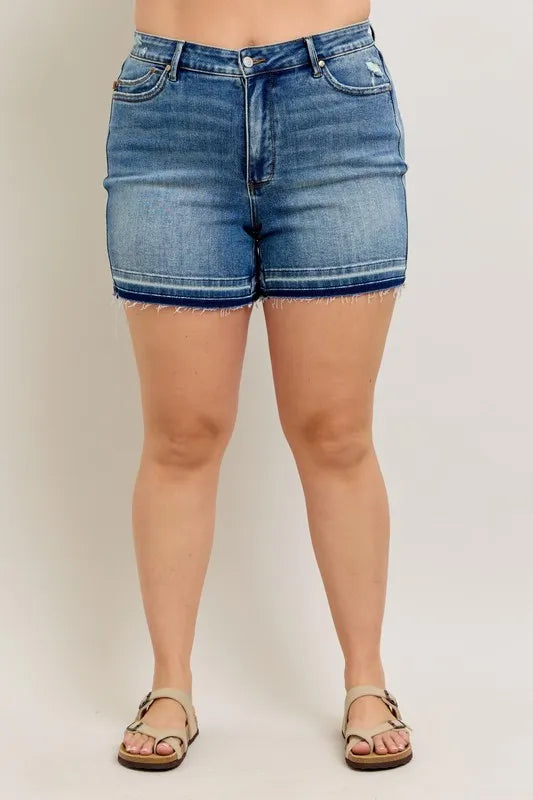 Judy Blue Plus Size Mr Tummy Control Vintage Wash Release Hem Shorts