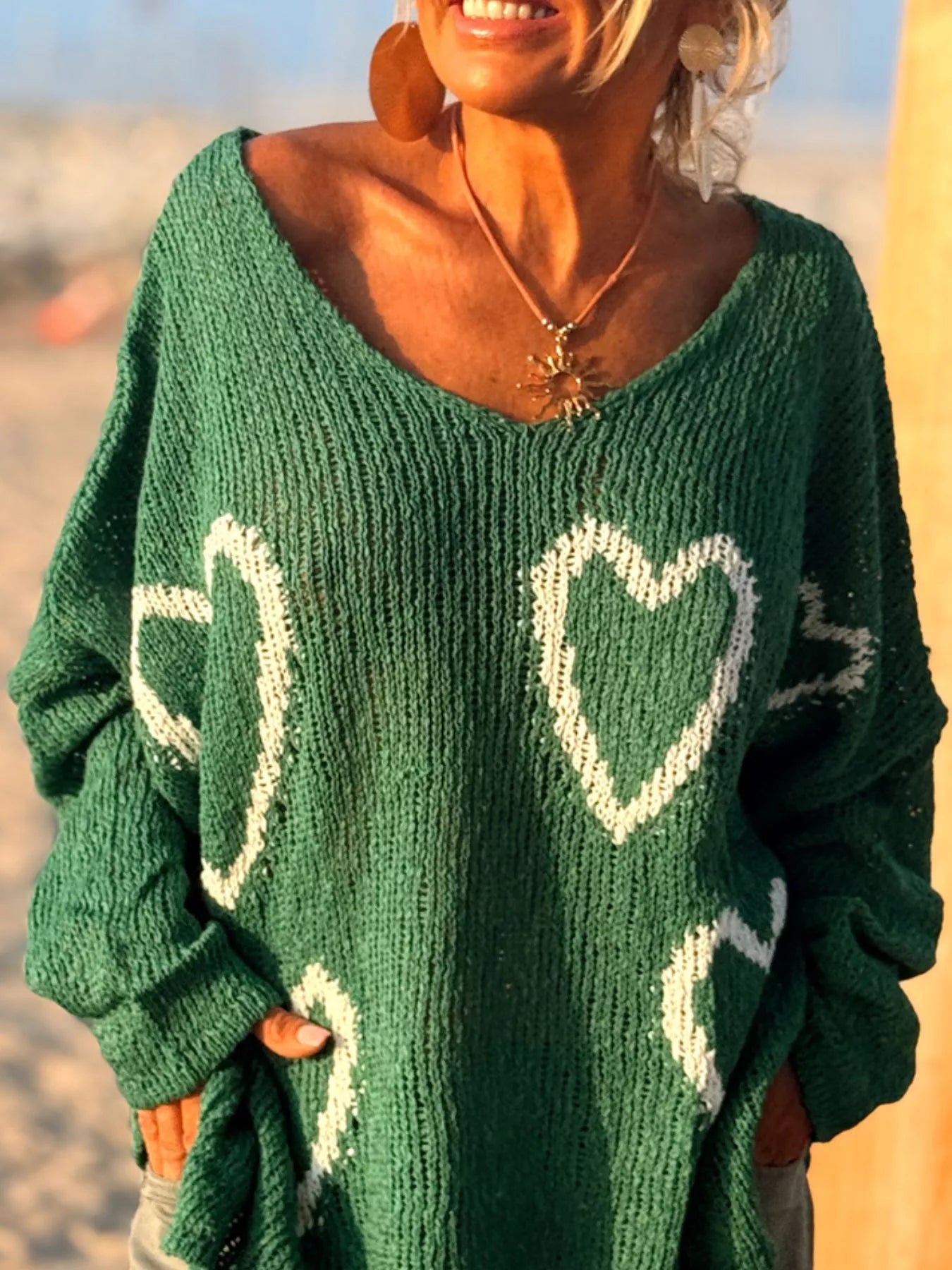 HEART V-NECK DROPPED SHOULDER SWEATER Sweaters