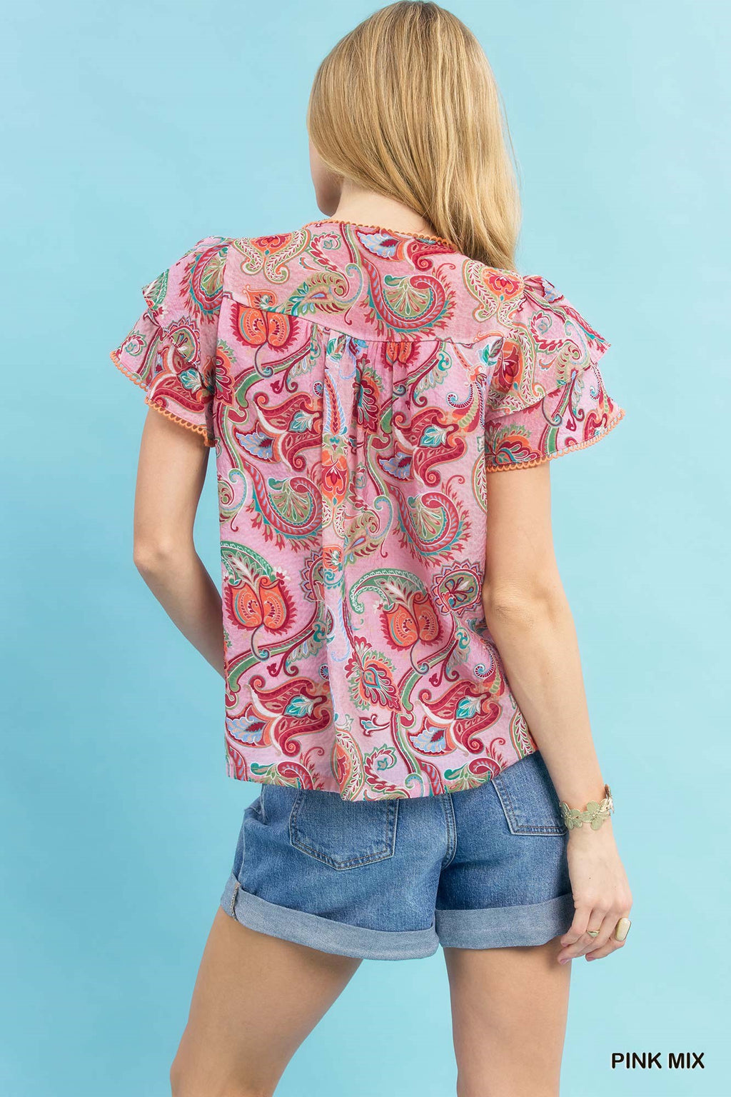 UMGEE MIX PAISLEY RUFFLE SLEEVE TOP Tops