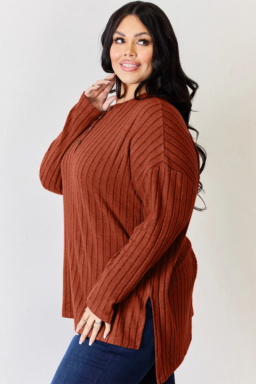 BASIC BAE RIBBED HALF BUTTON LONG SLEEVE HIGH/LOW TSHIRT - AS SEEN ON LIVE!! Long Sleeve Top