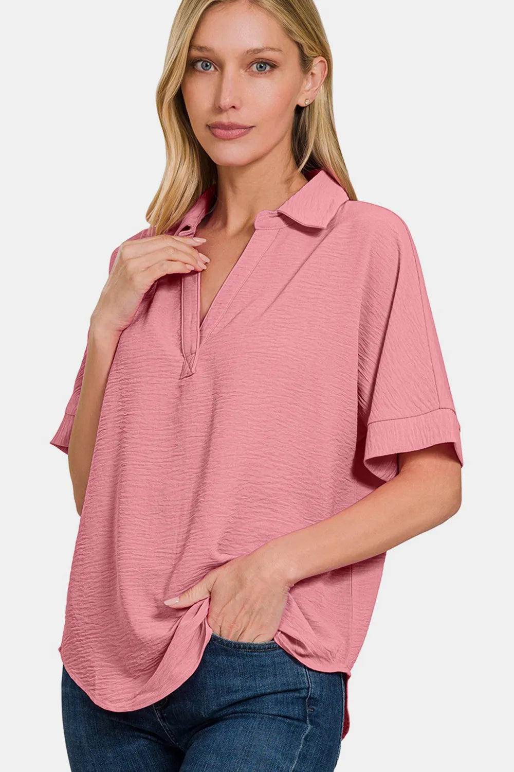 Zenana Texture Collared Neck Short Sleeve Top Clothing