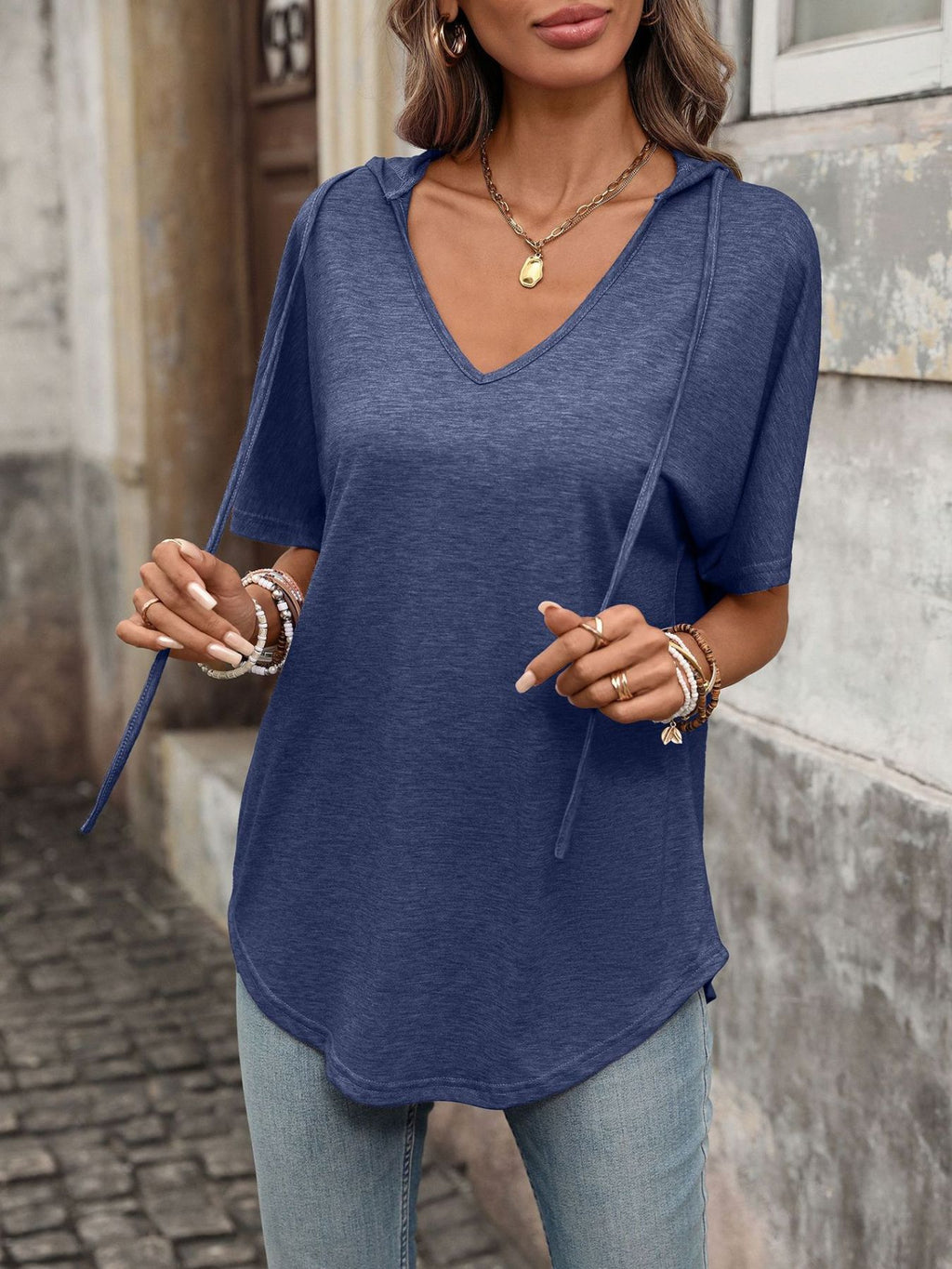 CASUAL SHORT SLEEVE HOODED T-SHIRT Tops