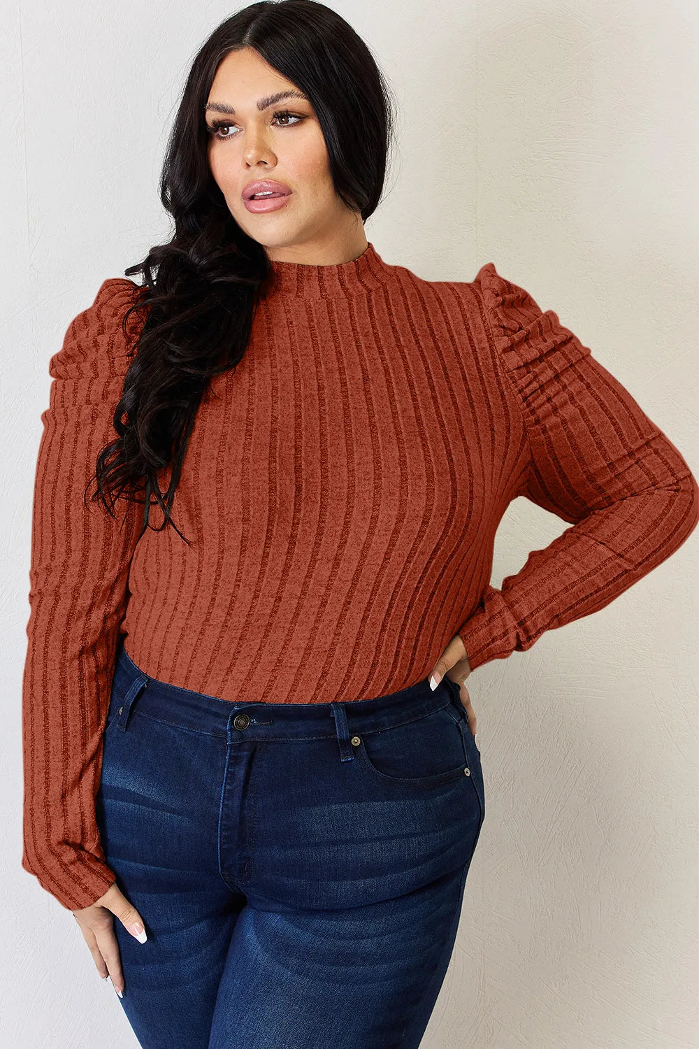 BASIC BAE RIBBED MOCK NECK PUFF SLEEVE T-SHIRT TOP