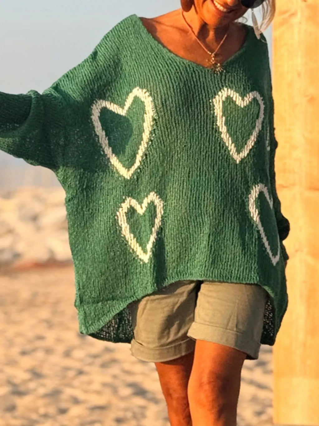 HEART V-NECK DROPPED SHOULDER SWEATER Sweaters