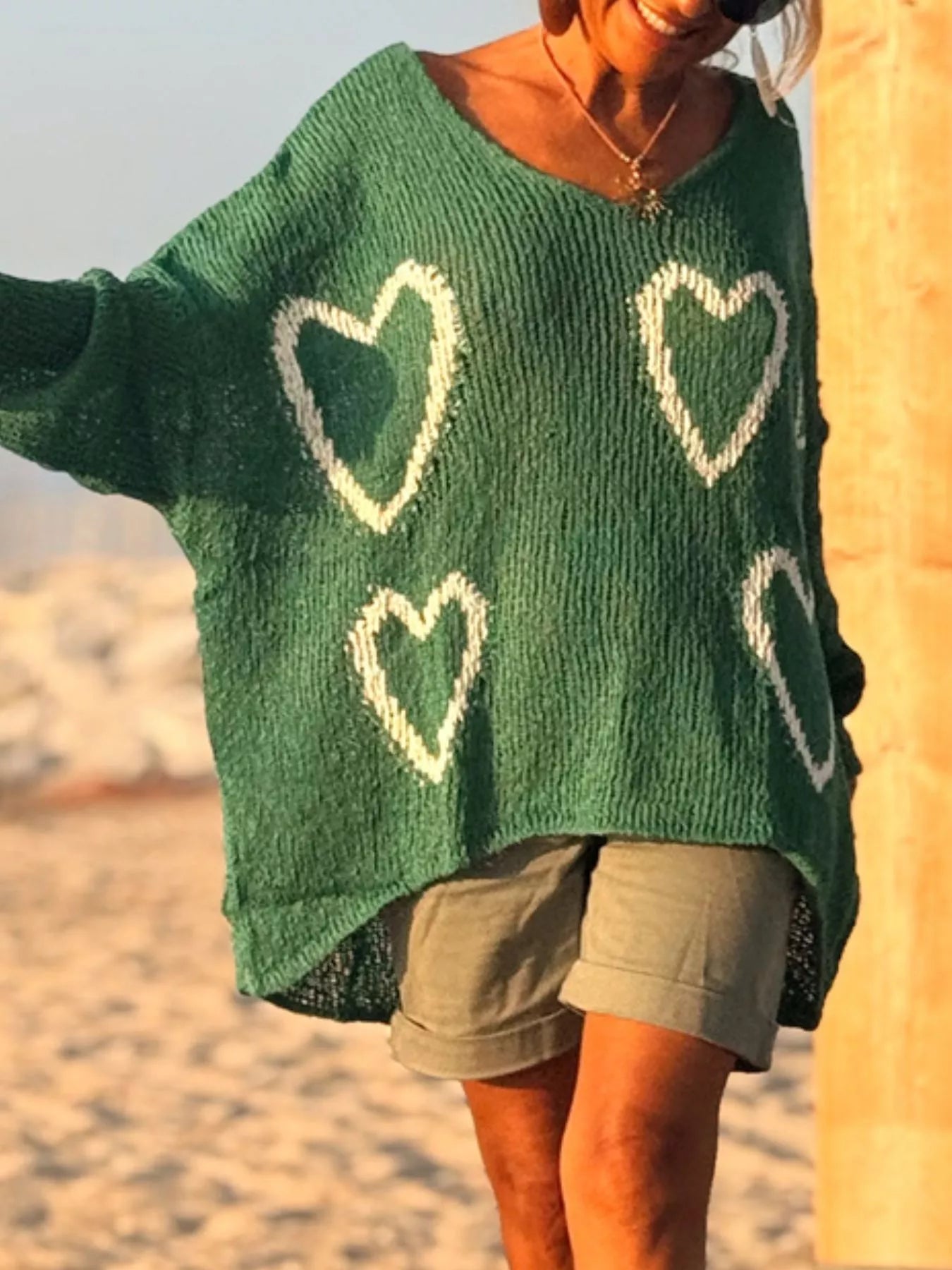 HEART V-NECK DROPPED SHOULDER SWEATER Sweaters