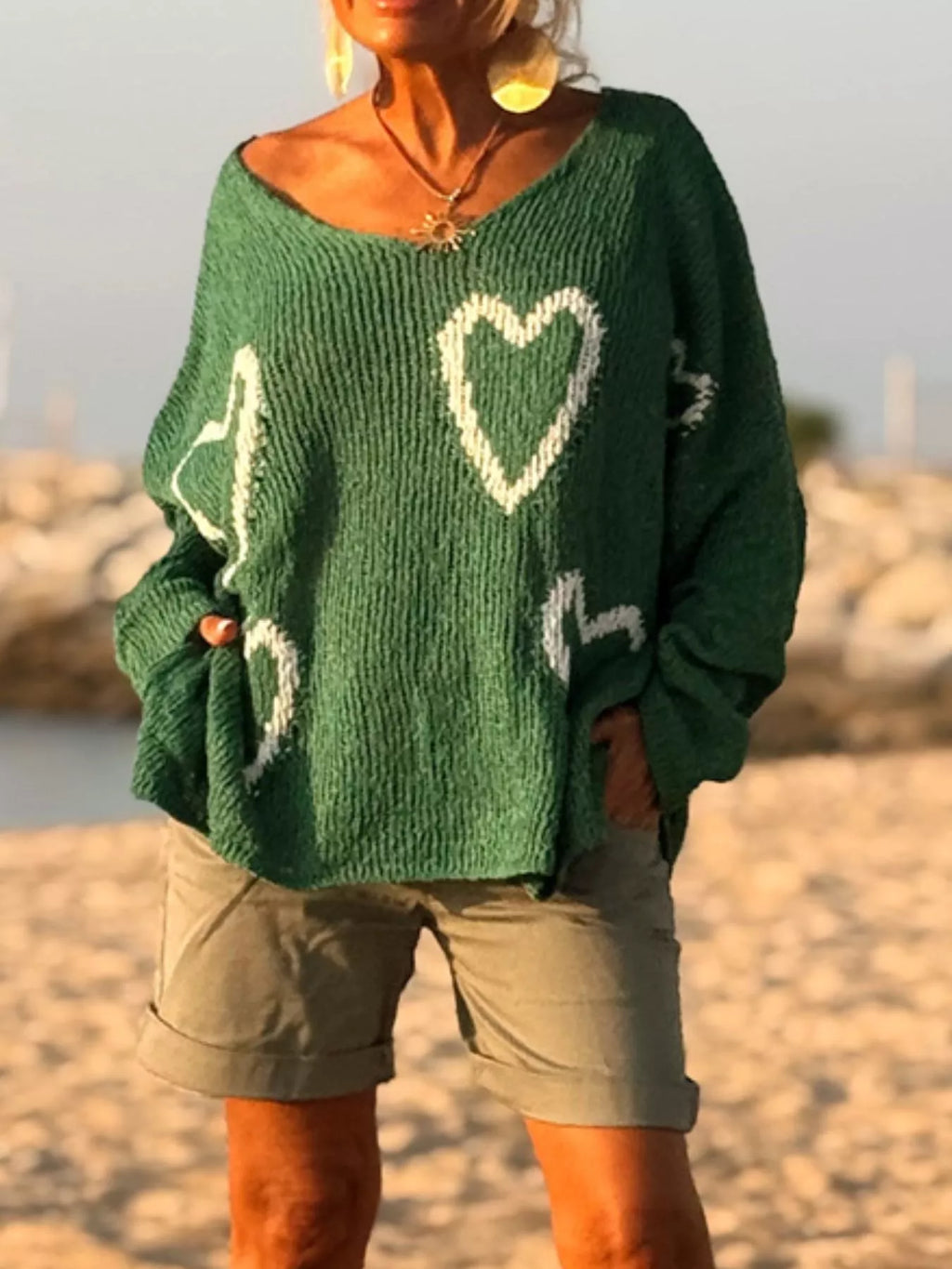 HEART V-NECK DROPPED SHOULDER SWEATER Sweaters