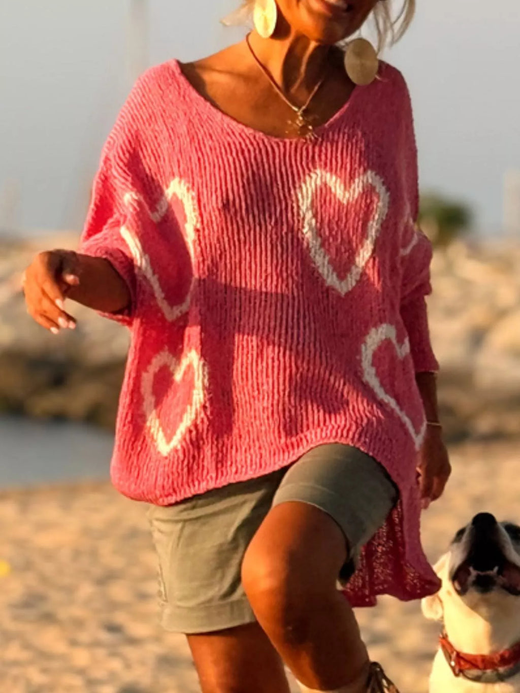 HEART V-NECK DROPPED SHOULDER SWEATER Sweaters