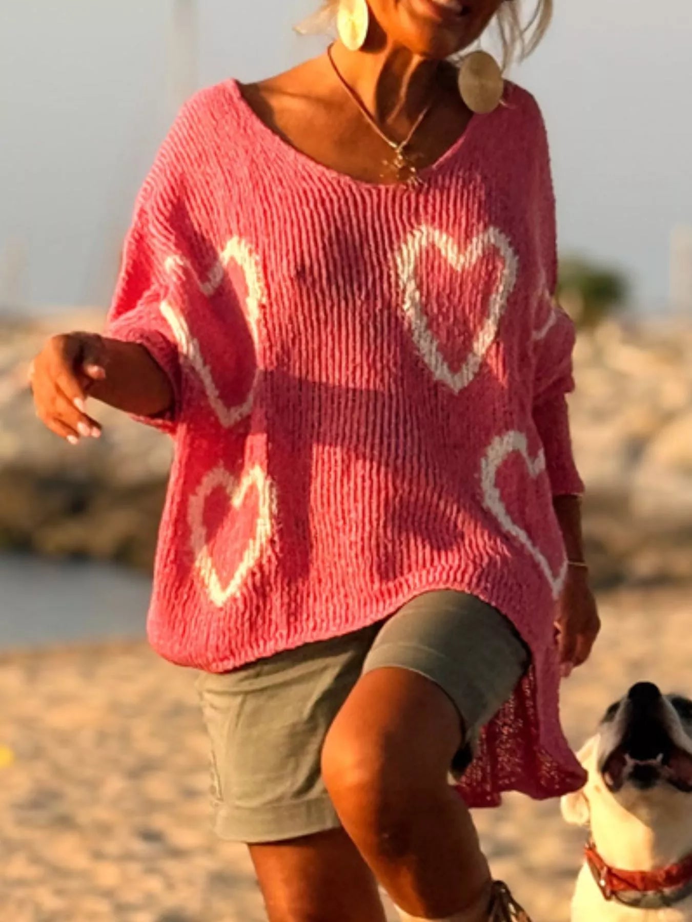 HEART V-NECK DROPPED SHOULDER SWEATER Sweaters