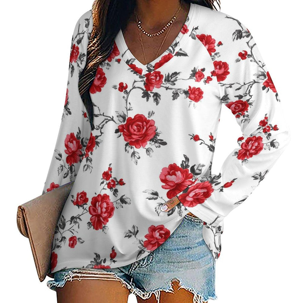 Baha Ranch Colores de Mexico Red Rose Floral Long Sleeve Top All Over Print Shirt