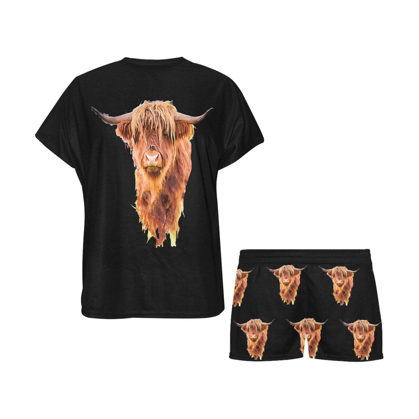 HIGHLAND COW WOMEN'S WESTERN TOP AND SHORTS LOUNGE SET pajamas