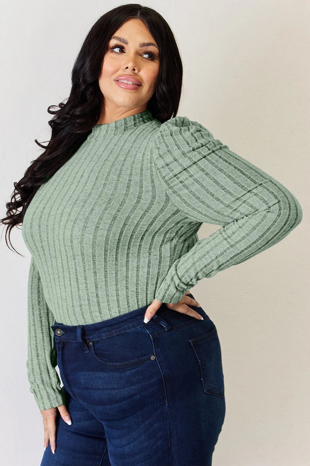 BASIC BAE RIBBED MOCK NECK PUFF SLEEVE T-SHIRT TOP