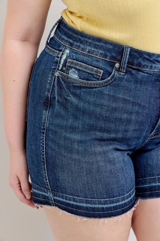 Judy Blue Plus Size HW Tummy Control Destroy Release Hem Denim Shorts
