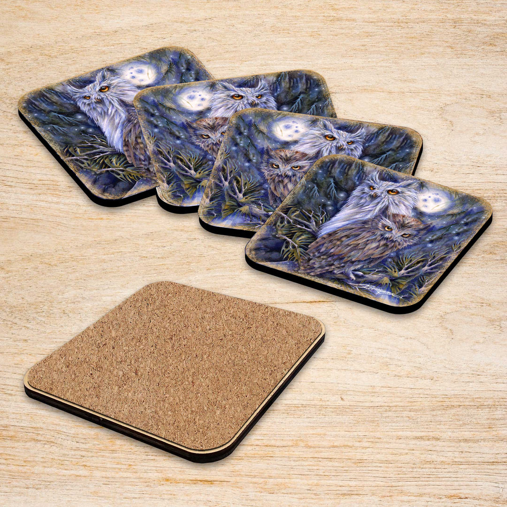 Night Watch Owls Wooden Cork Coasters Gift Set of 4 by J. Bergsma - Wildlife Decor - 8199465C-S4 Coasters