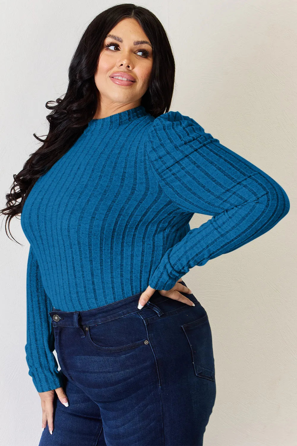 BASIC BAE RIBBED MOCK NECK PUFF SLEEVE T-SHIRT TOP