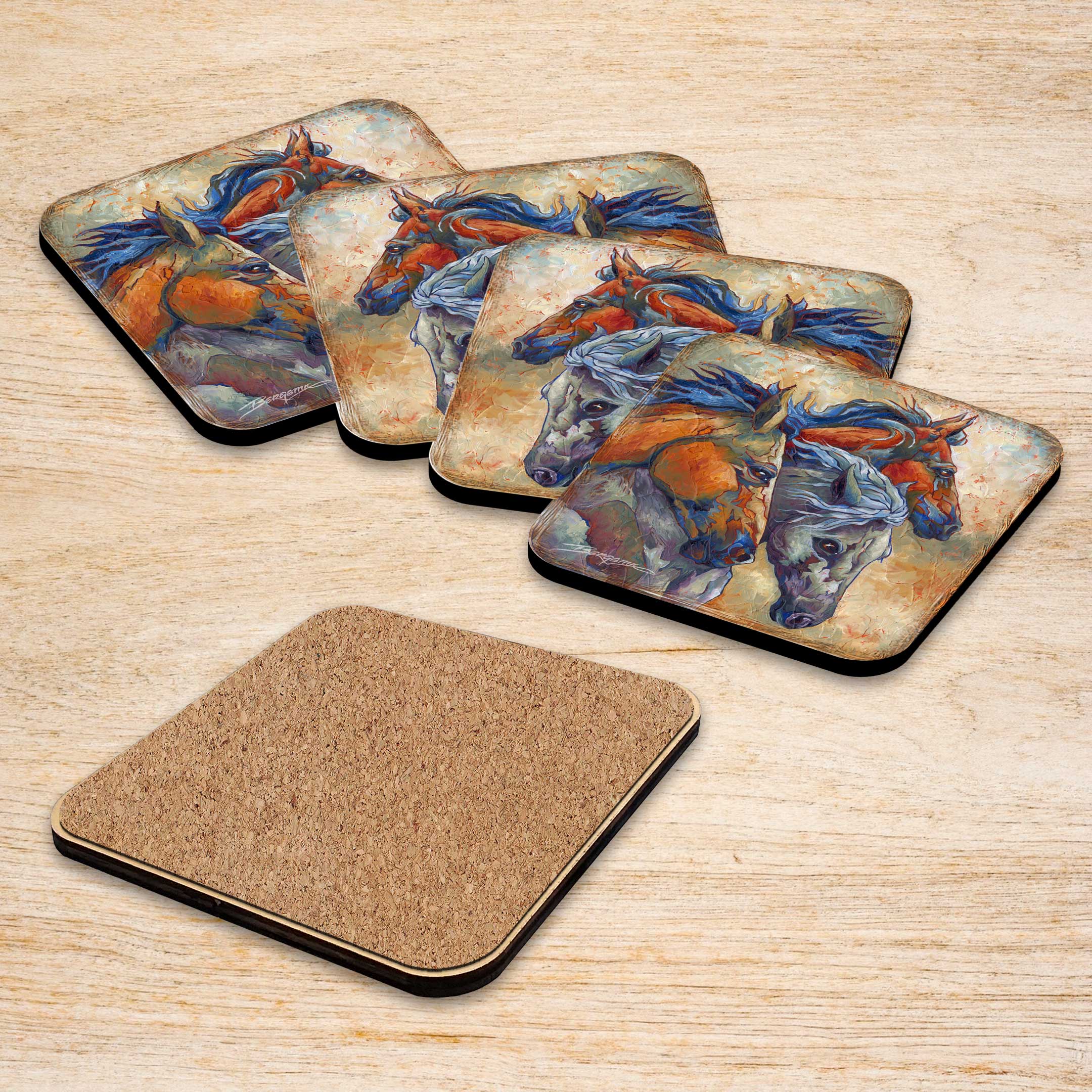 Herd of Horses Wooden Cork Coasters Gift Set of 4 by J. Bergsma - Wildlife Decor - 8199458C-S4 Coasters