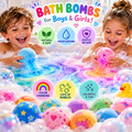 kids playing in a bathrub with bath bombs, suds, and mystery toys in the bath bomb