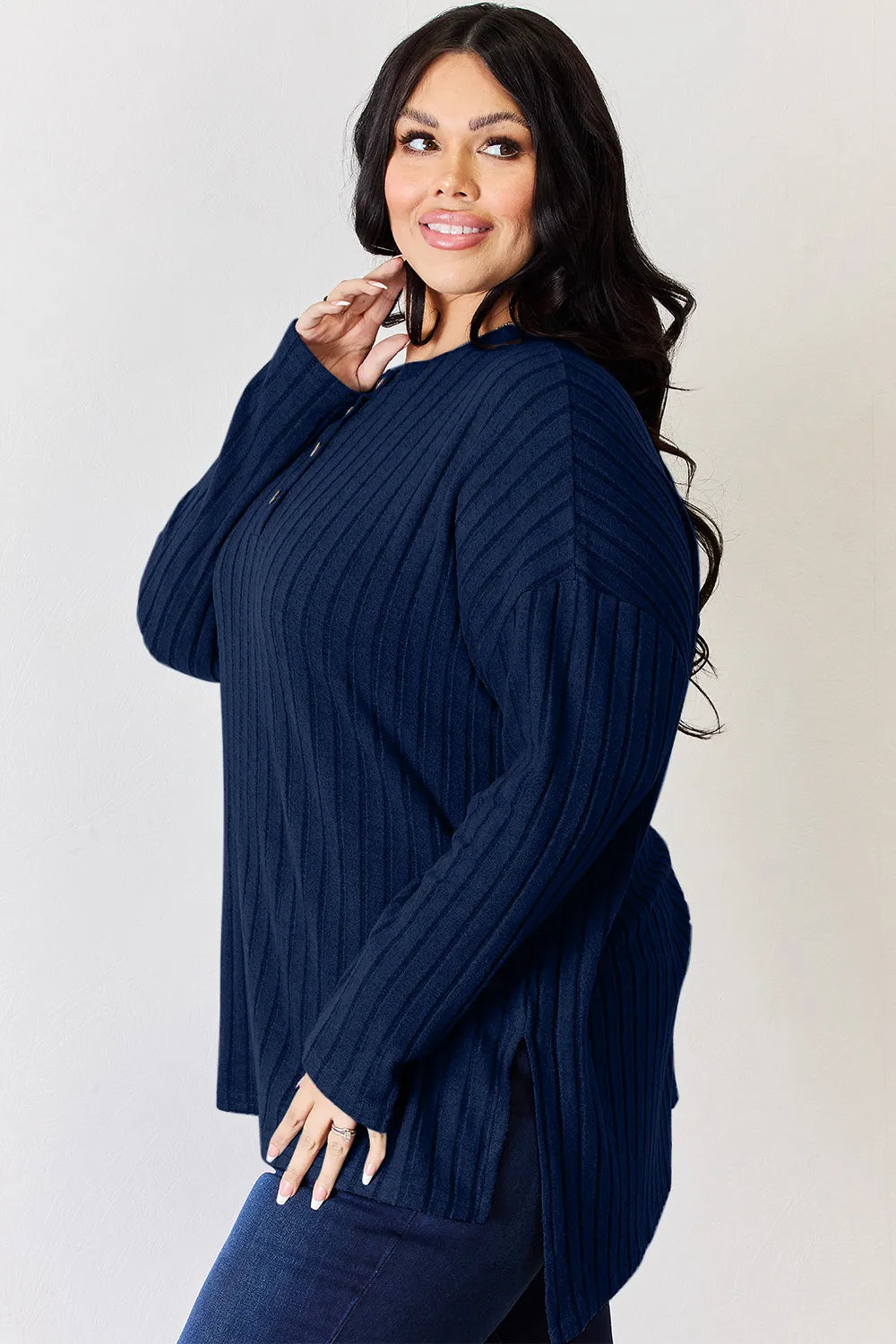 BASIC BAE RIBBED HALF BUTTON LONG SLEEVE HIGH/LOW TSHIRT - AS SEEN ON LIVE!! Long Sleeve Top