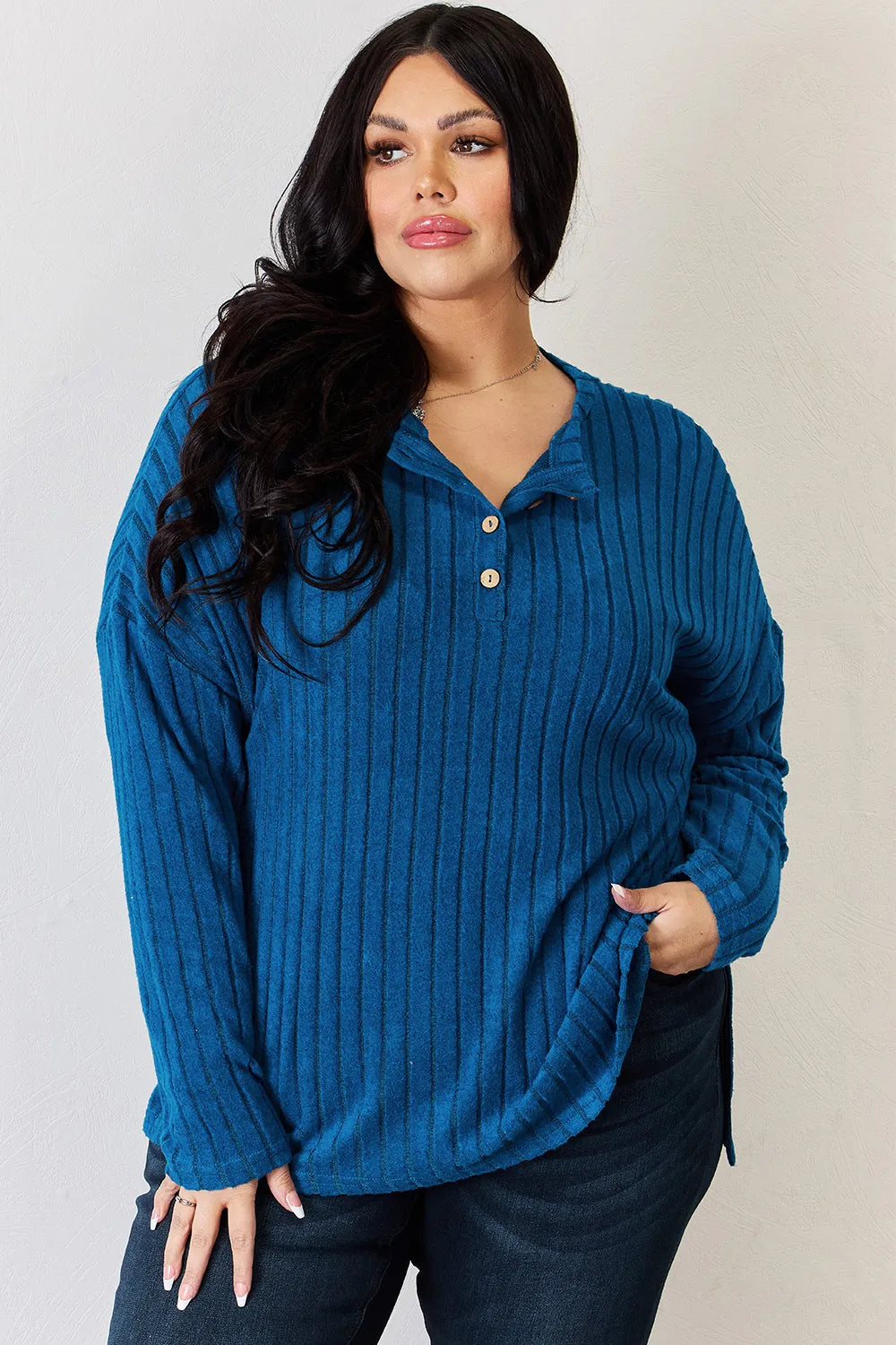 BASIC BAE RIBBED HALF BUTTON LONG SLEEVE HIGH/LOW TSHIRT - AS SEEN ON LIVE!! Long Sleeve Top