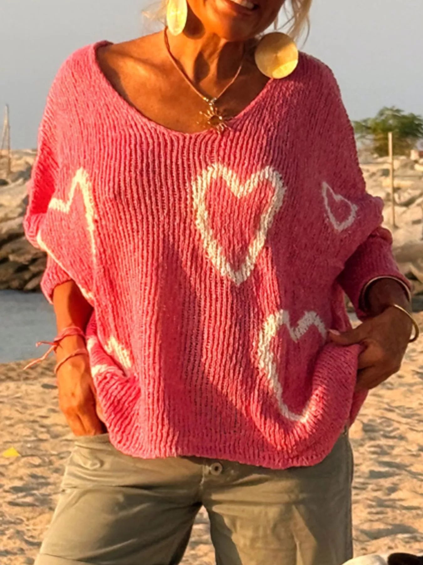 HEART V-NECK DROPPED SHOULDER SWEATER Sweaters