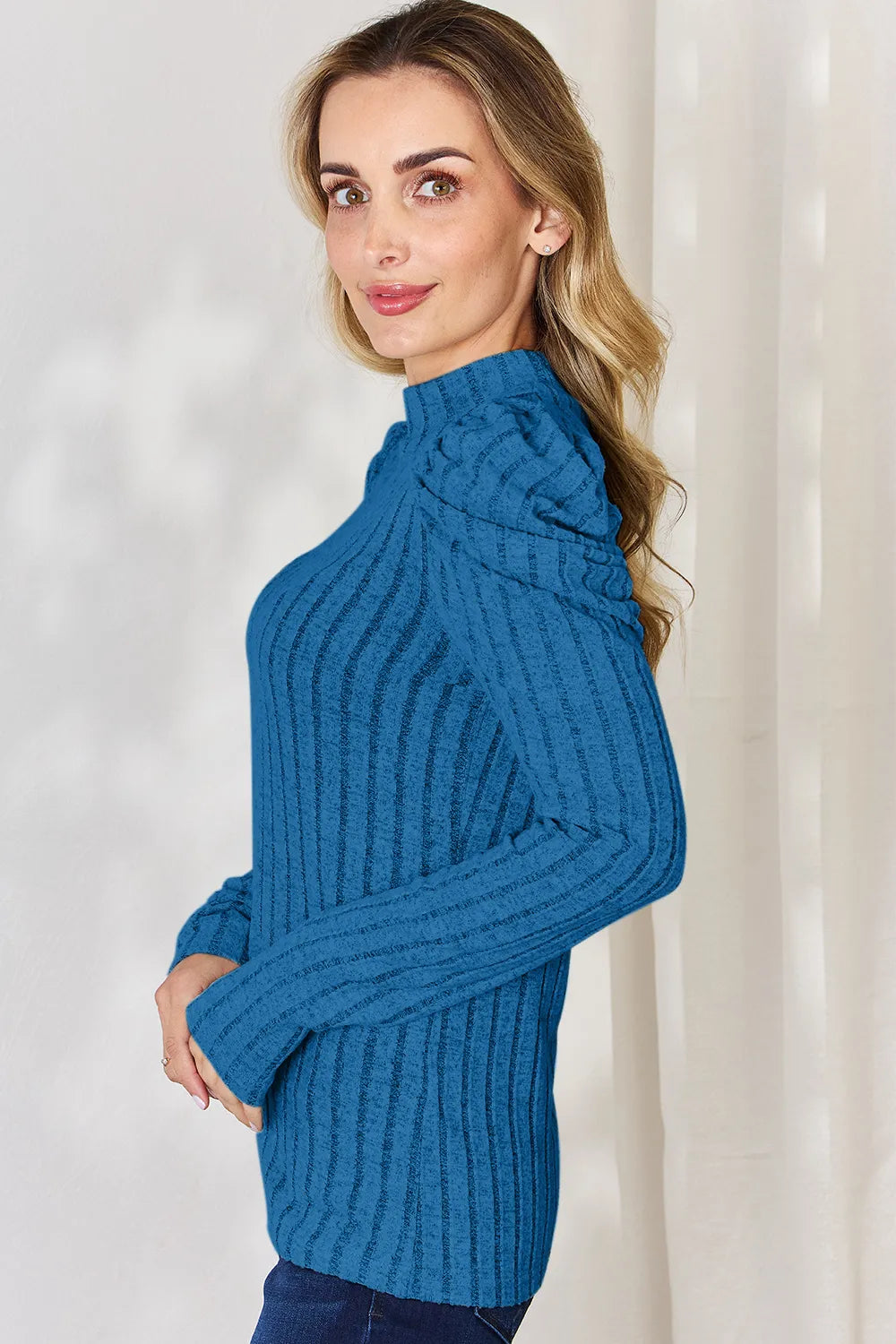 BASIC BAE RIBBED MOCK NECK PUFF SLEEVE T-SHIRT TOP
