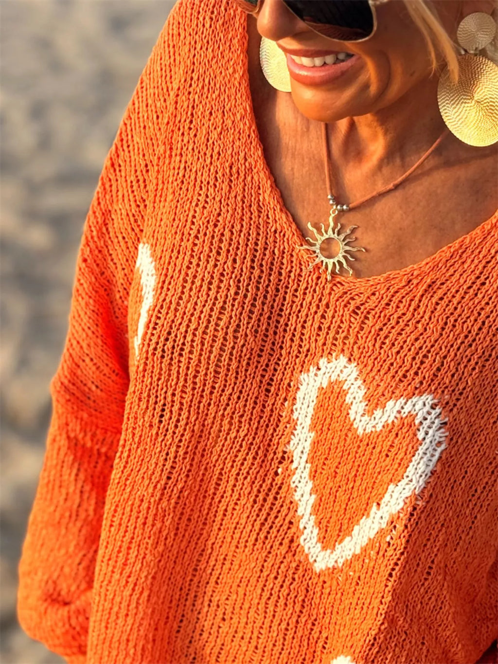 HEART V-NECK DROPPED SHOULDER SWEATER Sweaters