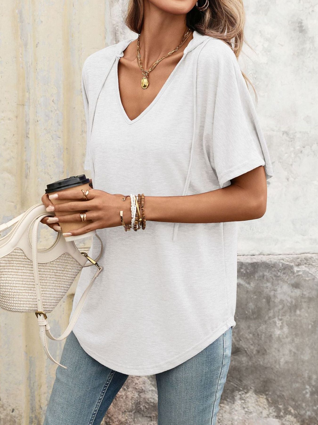 CASUAL SHORT SLEEVE HOODED T-SHIRT Tops