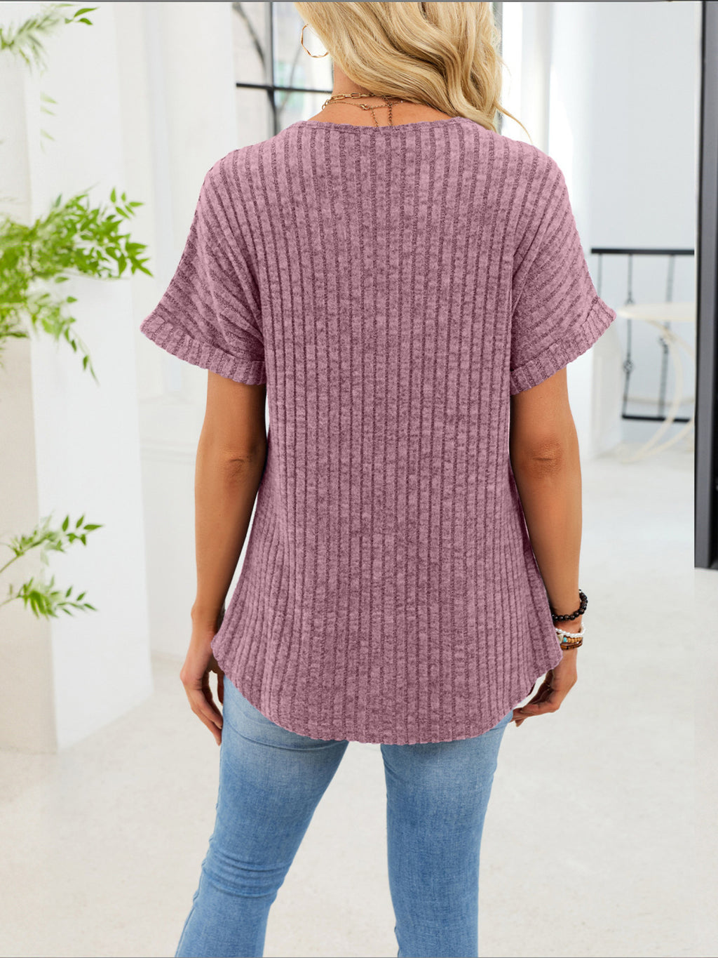 RIBBED KNIT SHORT SLEEVE T-SHIRT TOP