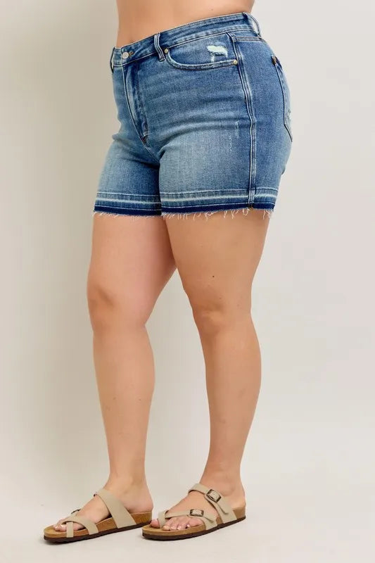 Judy Blue Plus Size Mr Tummy Control Vintage Wash Release Hem Shorts