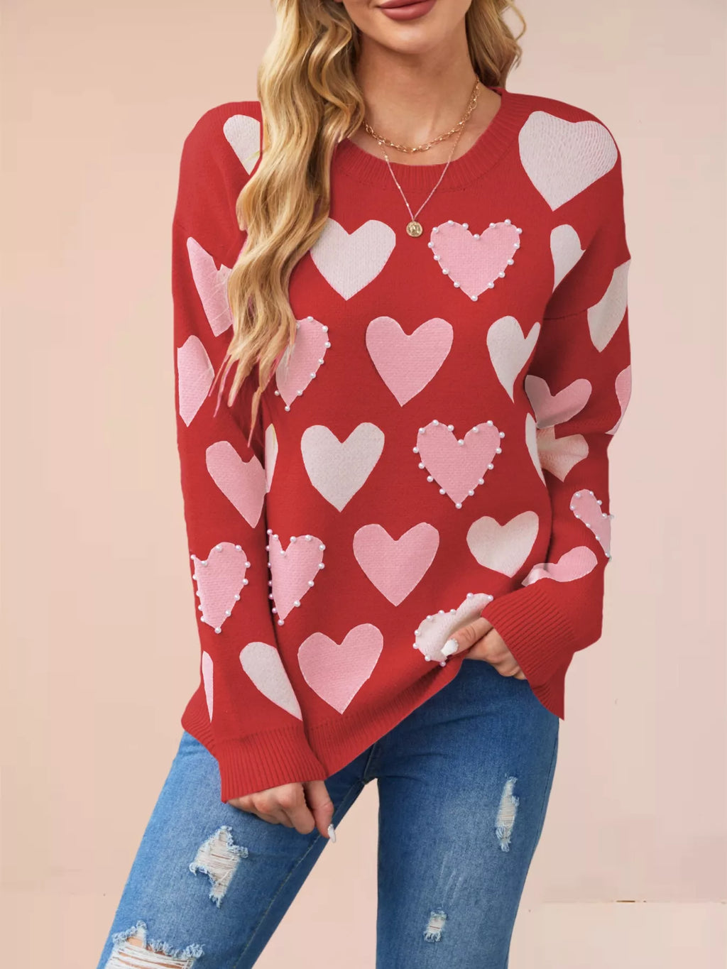 HEART PATTERN BEADED ROUND NECK SWEATER Sweaters