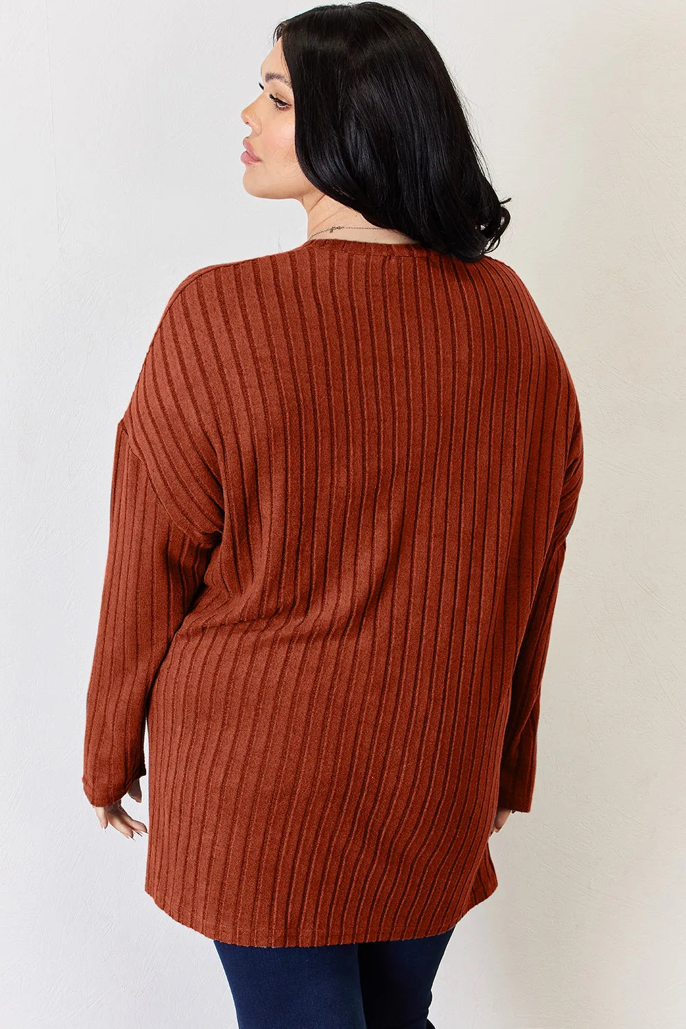 BASIC BAE RIBBED HALF BUTTON LONG SLEEVE HIGH/LOW TSHIRT - AS SEEN ON LIVE!! Long Sleeve Top