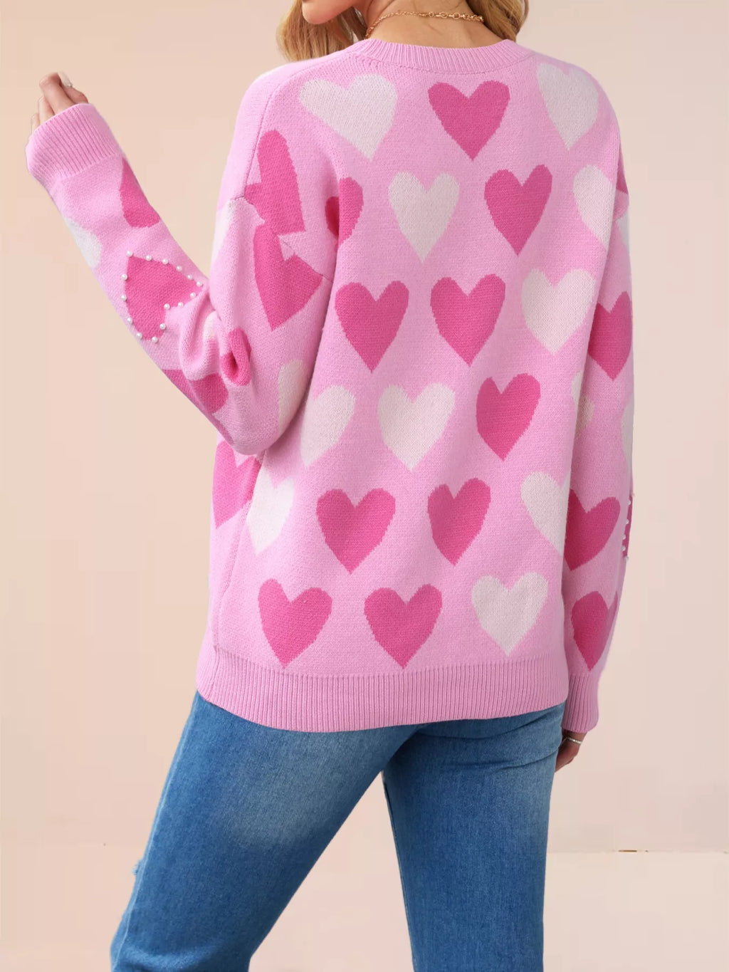 HEART PATTERN BEADED ROUND NECK SWEATER Sweaters