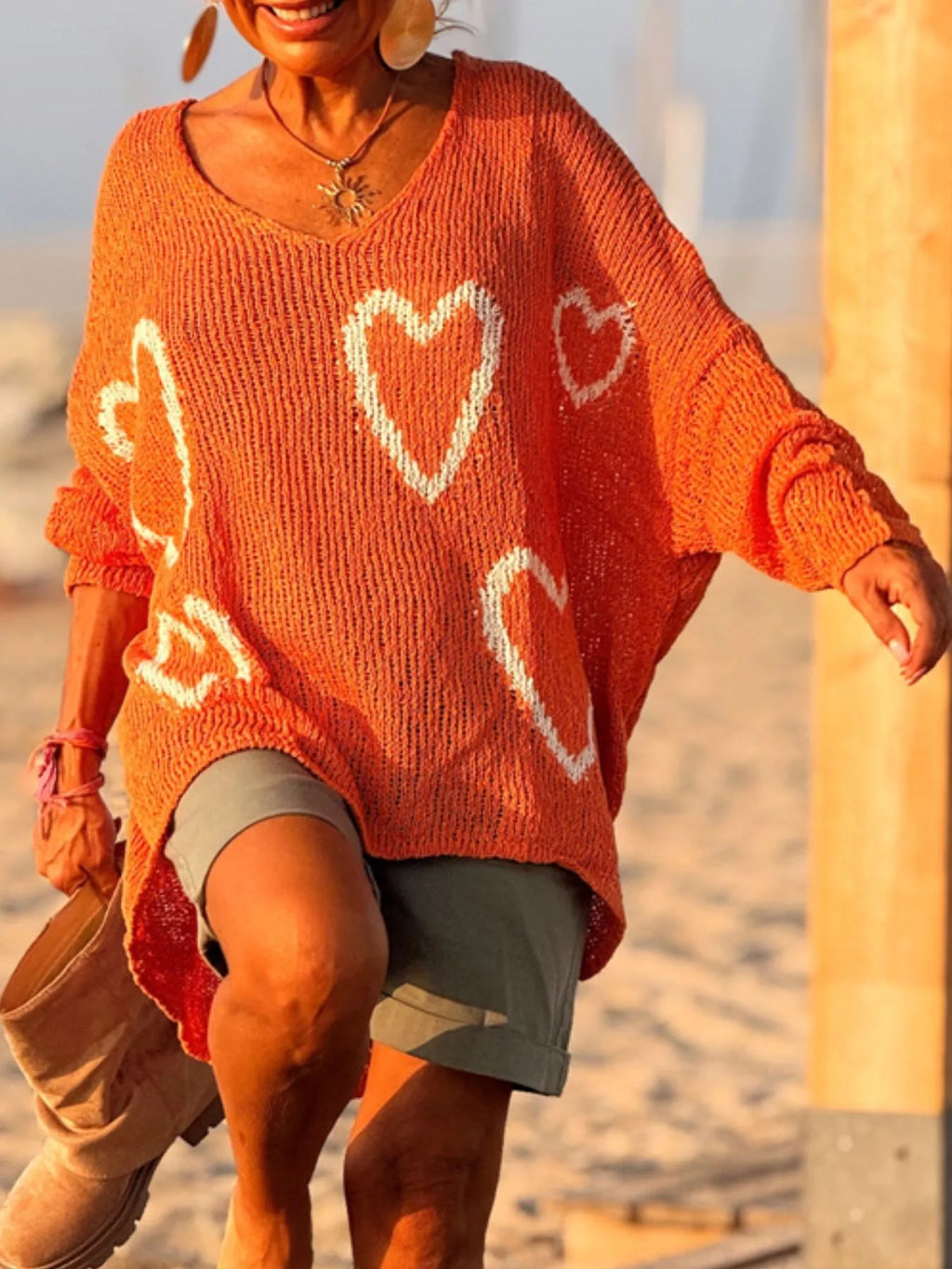 HEART V-NECK DROPPED SHOULDER SWEATER Sweaters