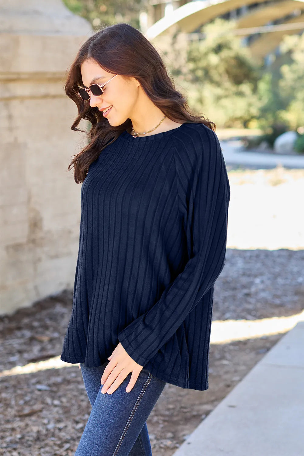 BASIC BAE RIBBED ROUND NECK LONG SLEEVE KNIT TOP Long Sleeve Top