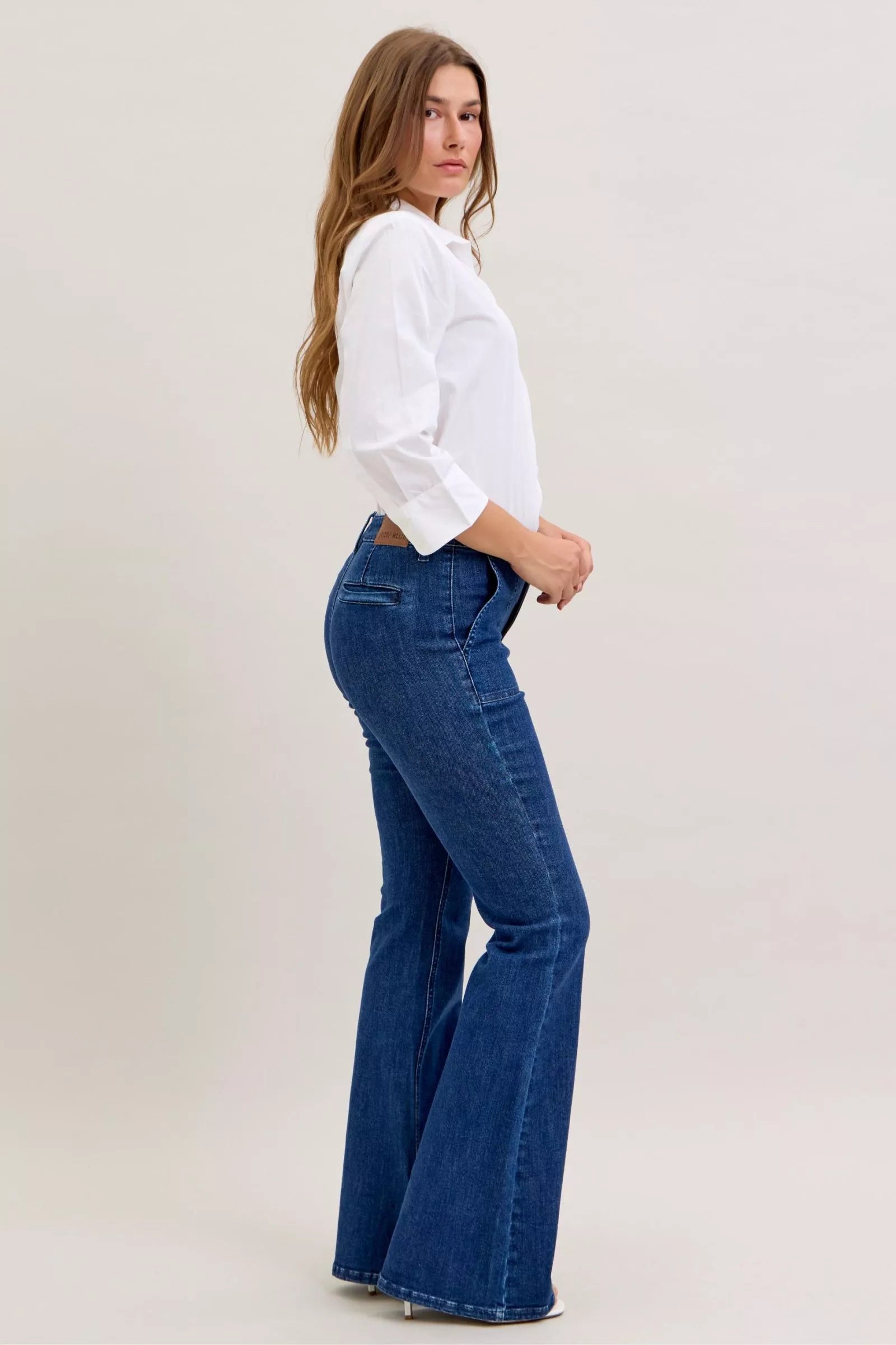 Judy Blue High Waist Flare Jeans with Front Patch Pockets Denim