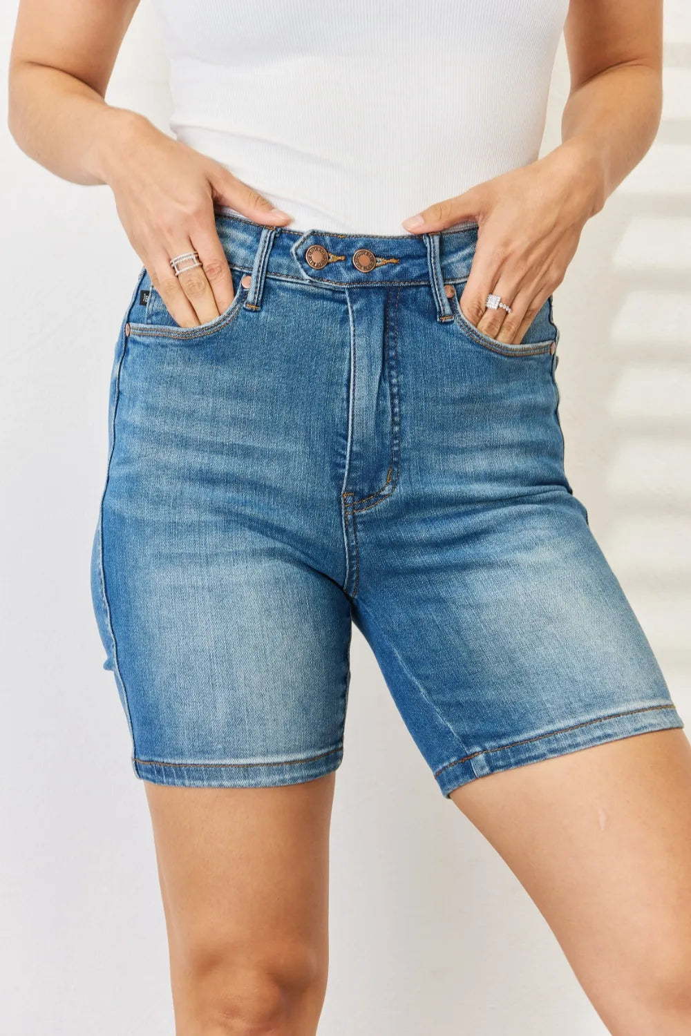 JUDY BLUE TUMMY CONTROL DOUBLE BUTTON BERMUDA DENIM SHORTS Judy Blue Denim