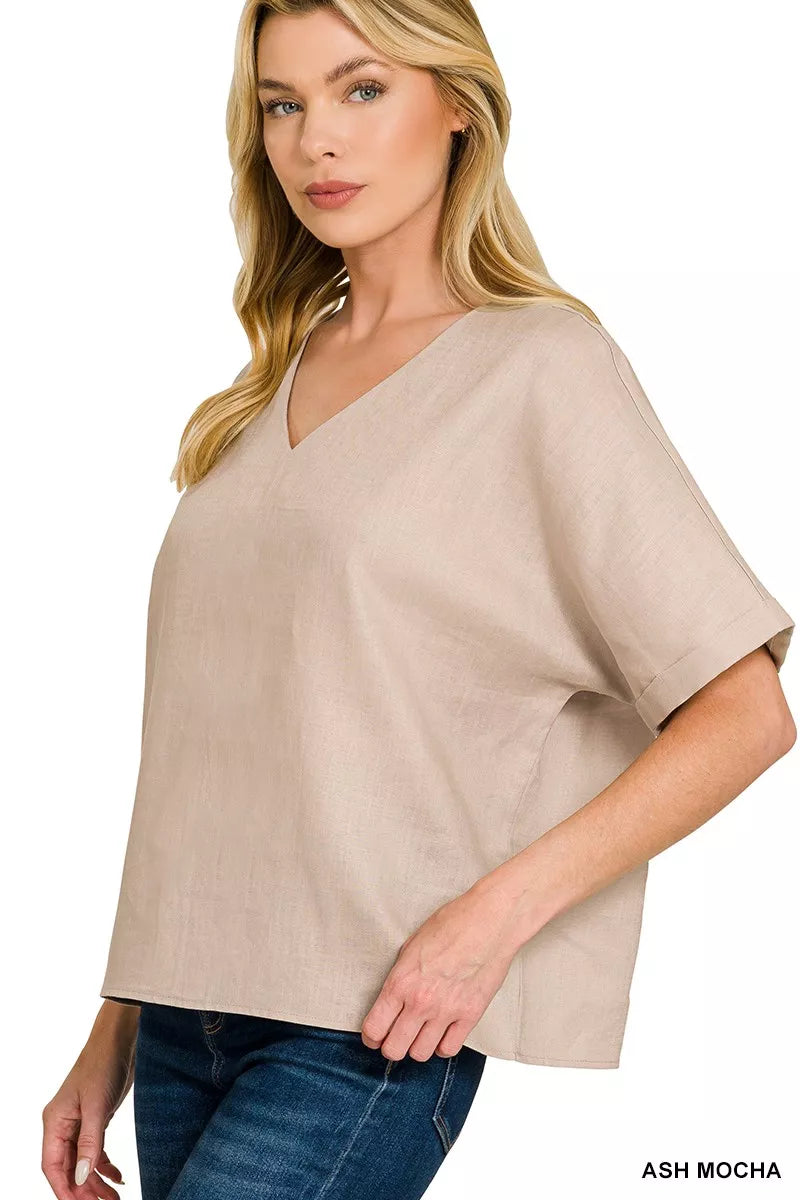 ZENANA LINEN V-NECK CUFFED SLEEVE TOP TOP