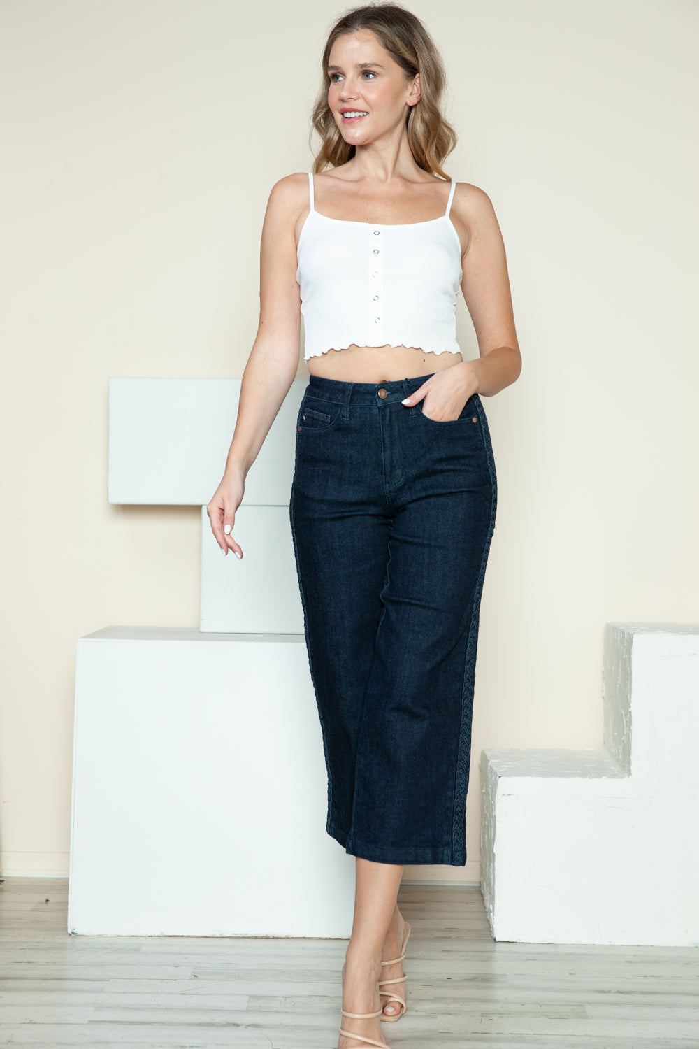 Judy Blue Side Seam Braid Detail Crop Wide Leg Jeans