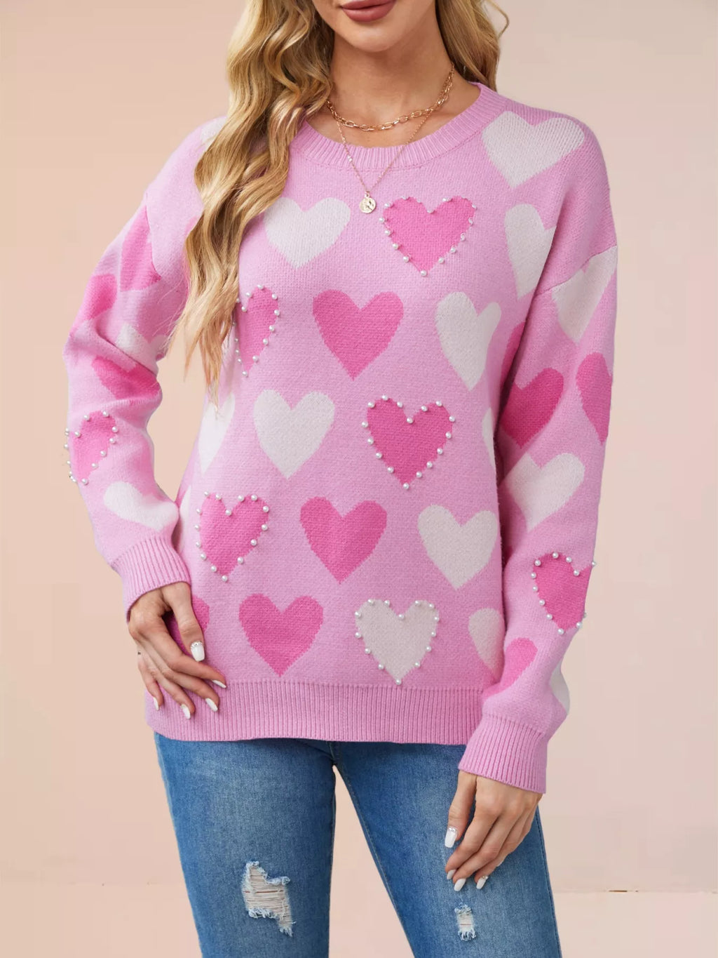 HEART PATTERN BEADED ROUND NECK SWEATER Sweaters