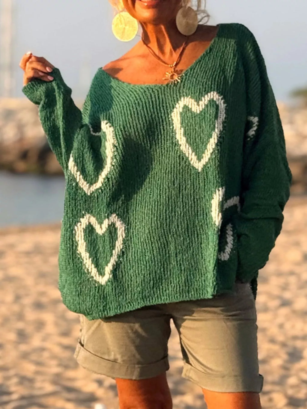 HEART V-NECK DROPPED SHOULDER SWEATER Sweaters
