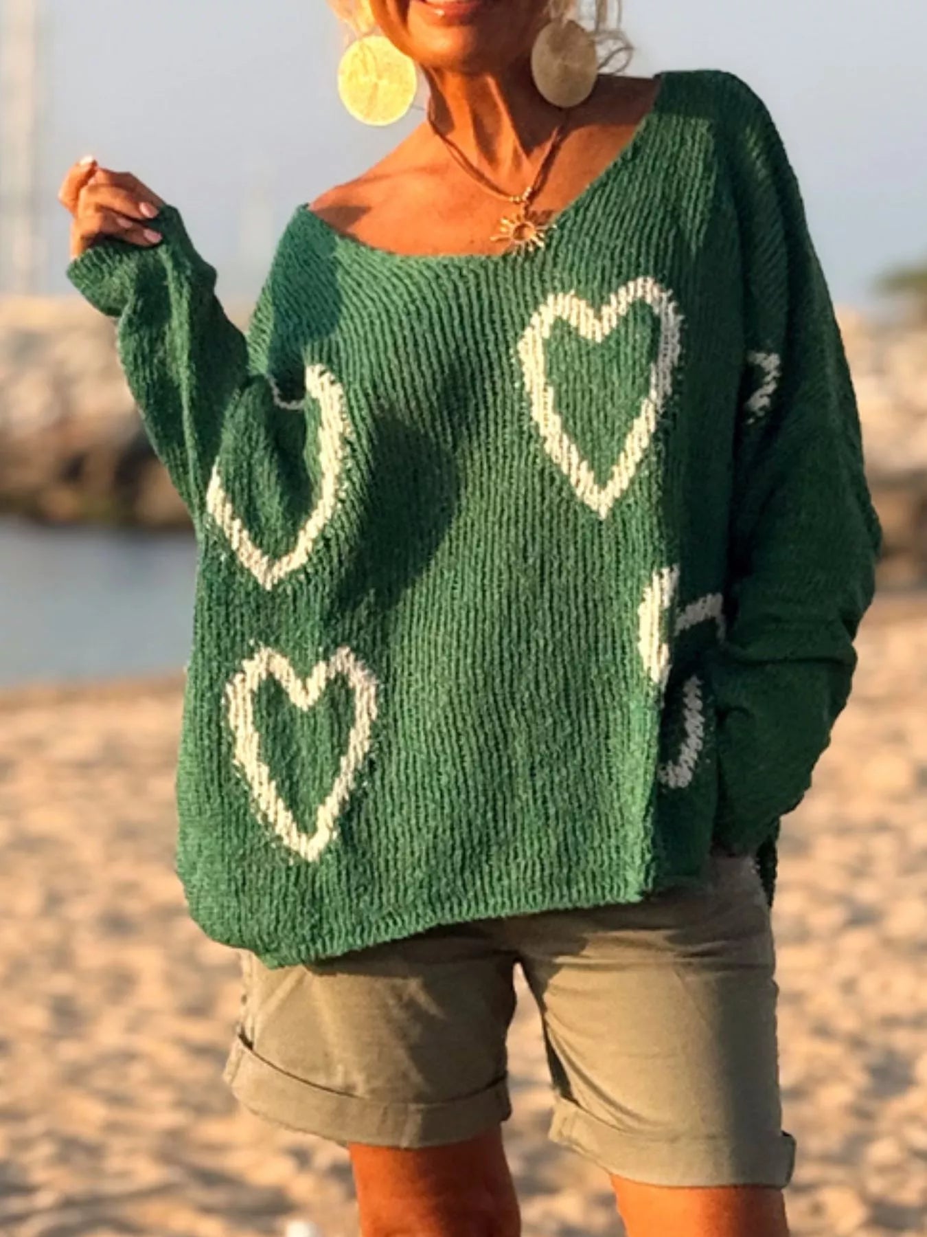 HEART V-NECK DROPPED SHOULDER SWEATER Sweaters