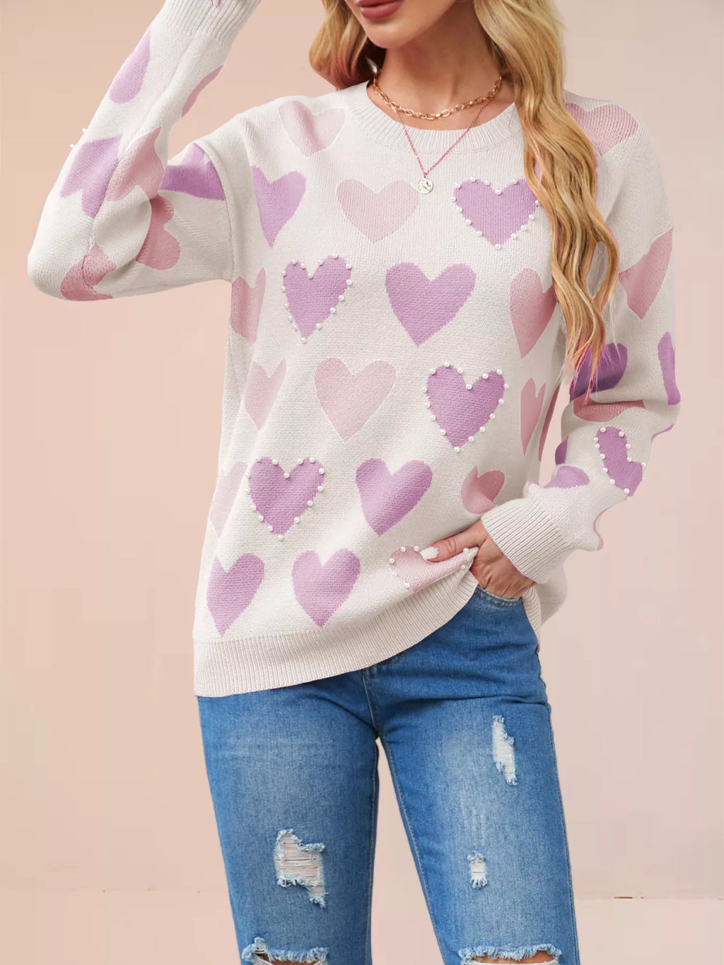 HEART PATTERN BEADED ROUND NECK SWEATER Sweaters
