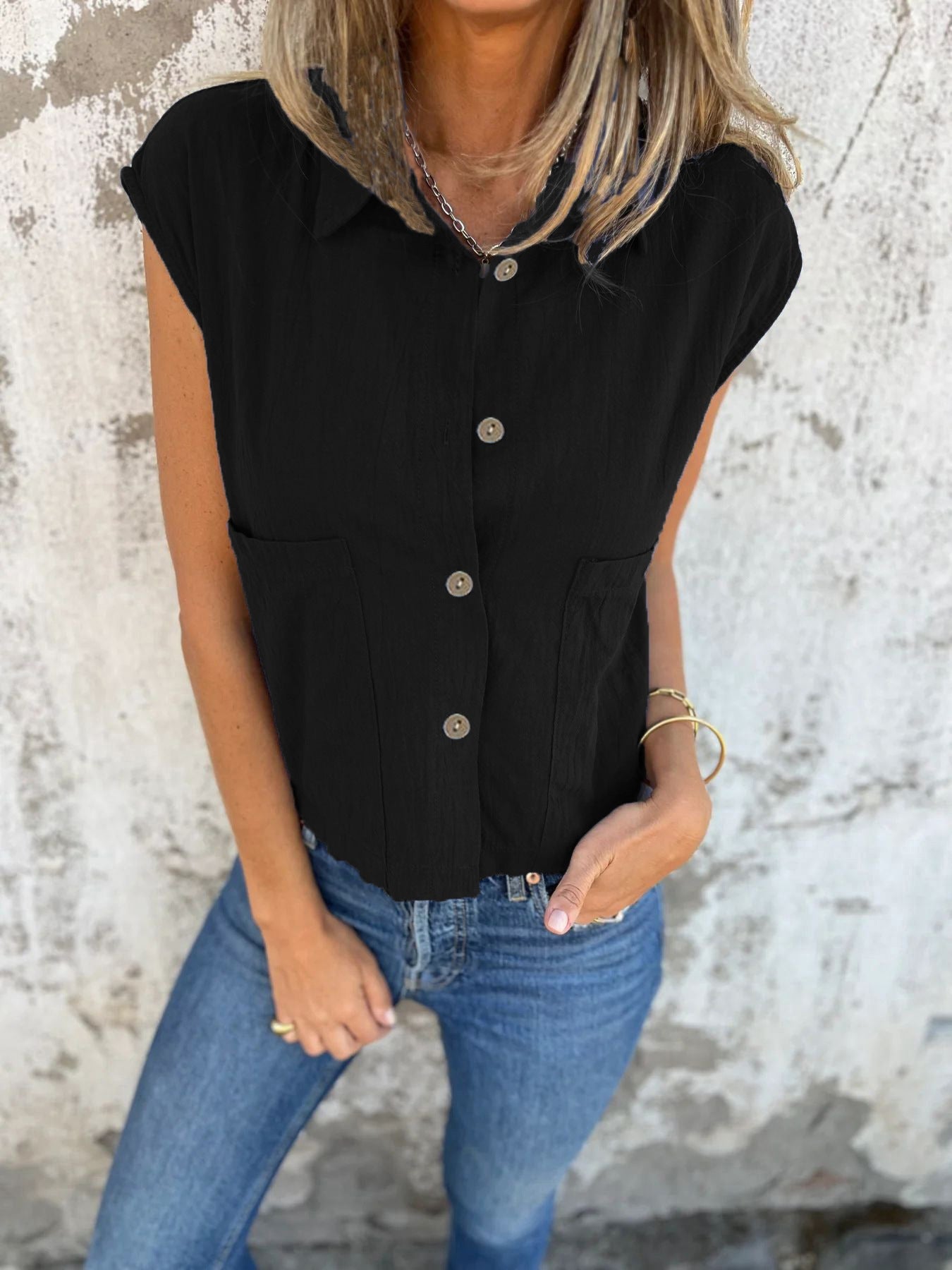 Button-Down Cap Sleeve Shirt
