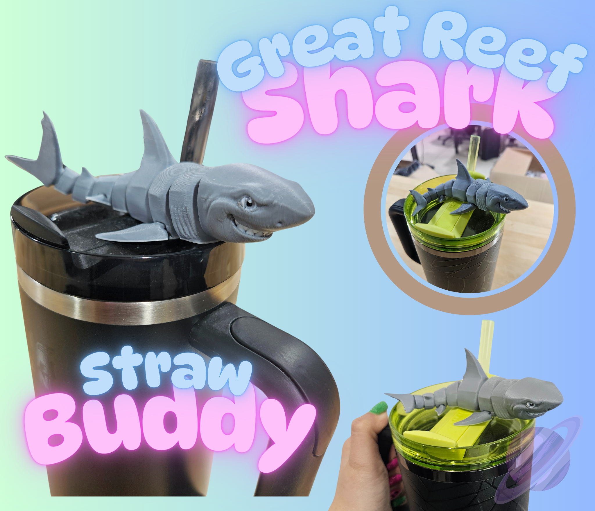 GREAT REEF SHARK-3D PRINTED STRAW BUDDY straw buddy