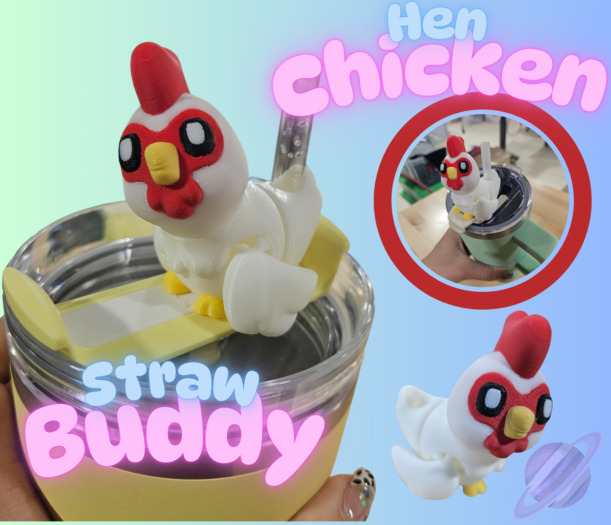 Hen-shaped straw buddy with a clear container on a colorful background